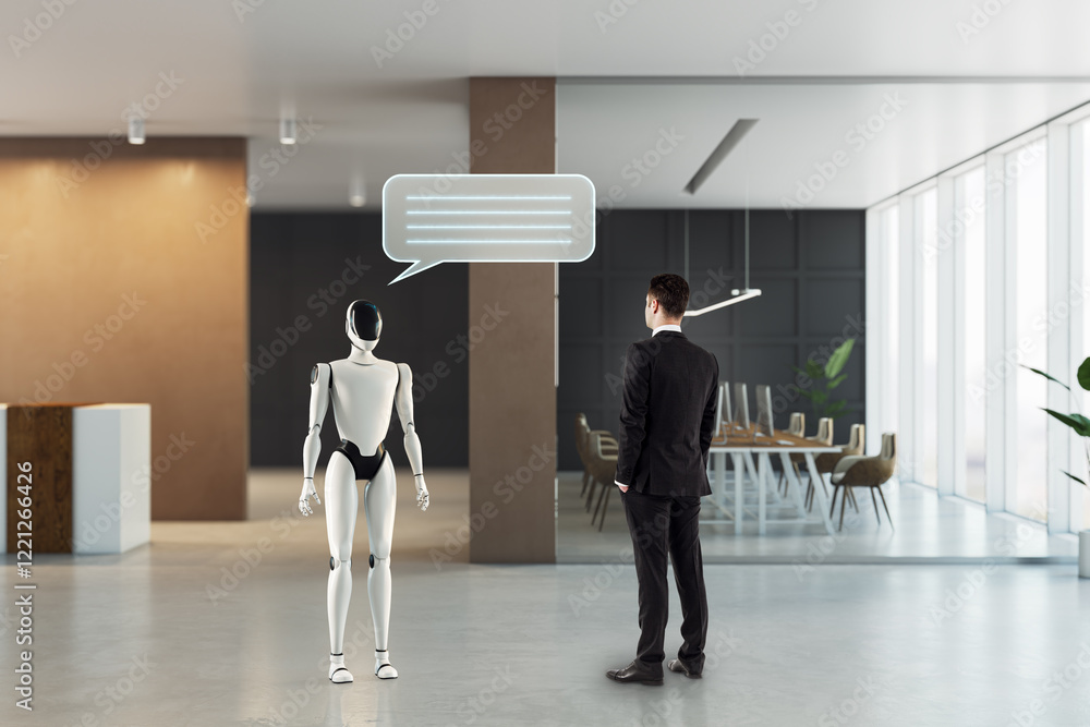 Fototapeta premium Businessman interacting with humanoid robot in modern office with speech bubble.