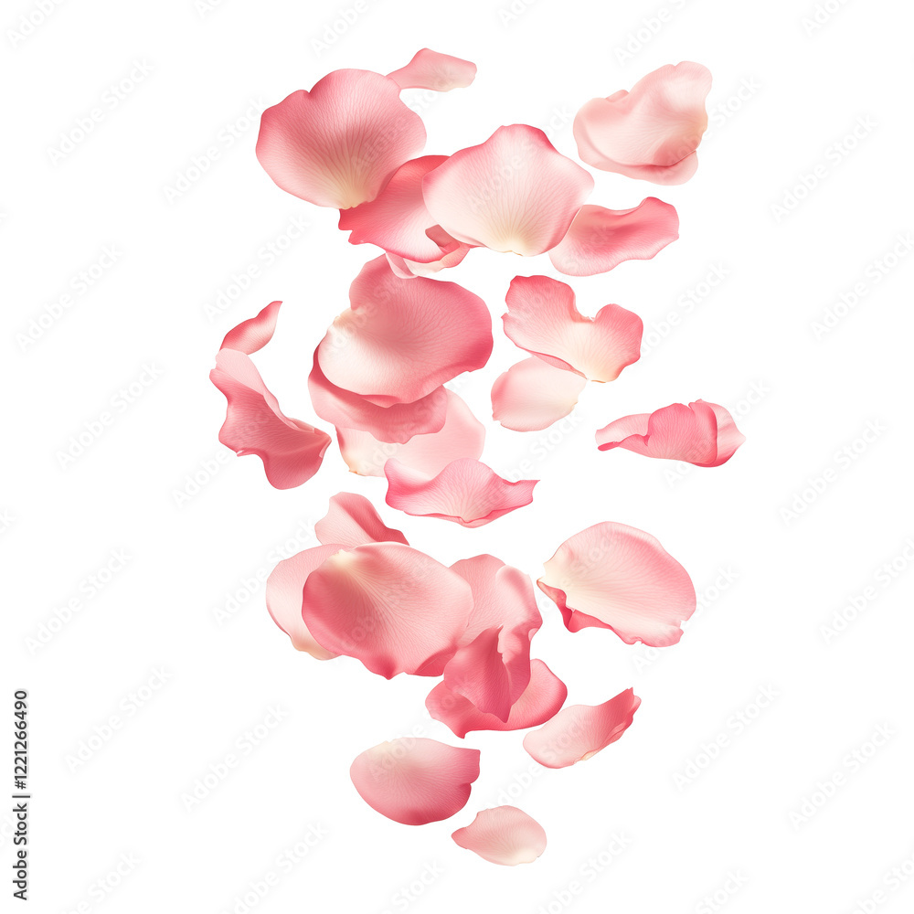 Fototapeta premium A graceful scattering of soft pink rose petals floating in mid-air, showcasing their delicate texture and romantic aesthetic. Each petal is isolated on a transparent background