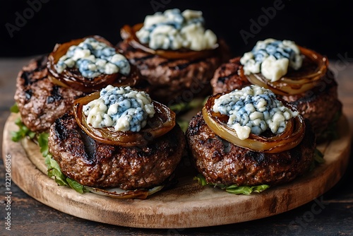 Wallpaper Mural A rustic BBQ platter of grilled bison burgers, topped with blue cheese and caramelized onions. Torontodigital.ca