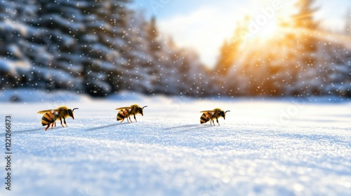 In a tranquil forest setting, bees are busily foraging on the snow-covered ground, illuminated by the gentle winter sunlight photo