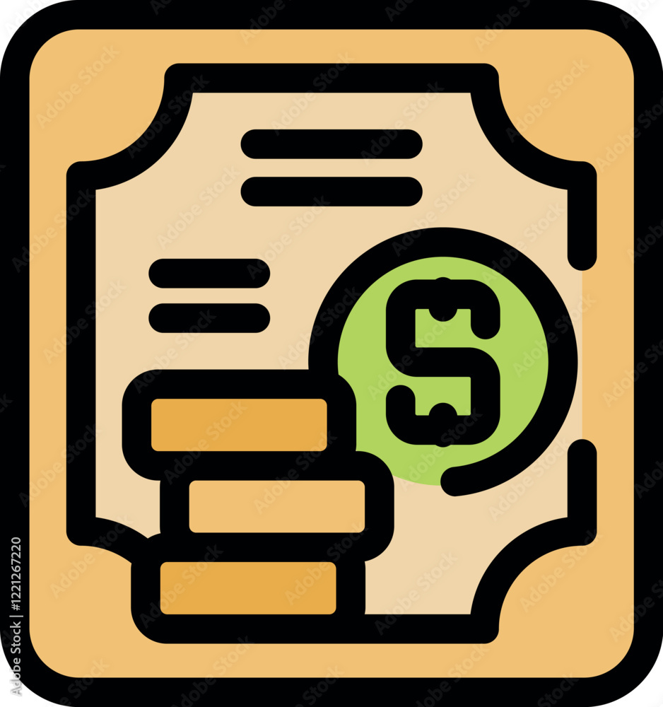 Stack of coins and dollar symbol on financial certificate representing investment growth, earnings, and financial success Stack of coins and dollar symbol on financial certificate representing investment growth, earnings, and financial success