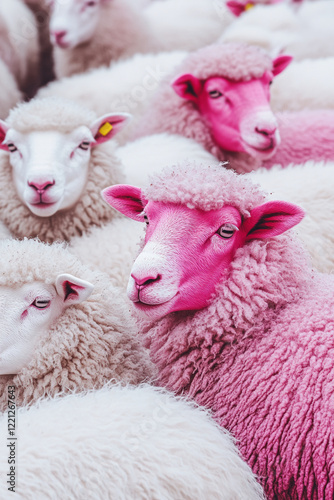 Vibrant pink sheep among a flock of white woolly sheep in a farm setting photo