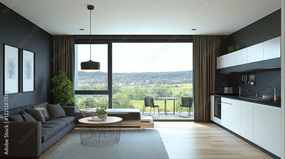 Fototapeta premium Modern flat studio featuring an eating table and a couch, complemented by a panoramic window that enhances the open and airy feel.