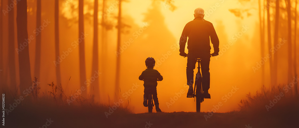 Fototapeta premium Elderly Man and Child Riding a Glowing Bicycle Under the Sunset Sky