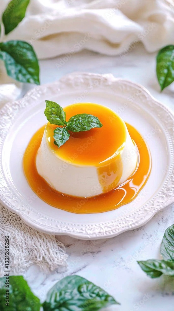 Fototapeta premium Elegant dessert caramel panna cotta closeup plate creamy sweet treat kitchen setting culinary delight