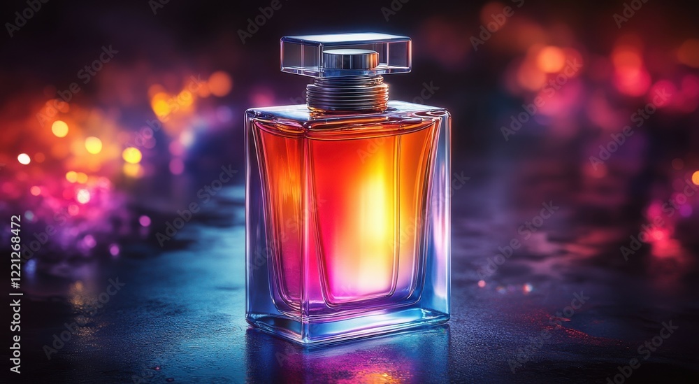 Elegant Perfume Bottle with Colorful Light Reflections and Glow Elegant Perfume Bottle with Colorful Light Reflections and Glow