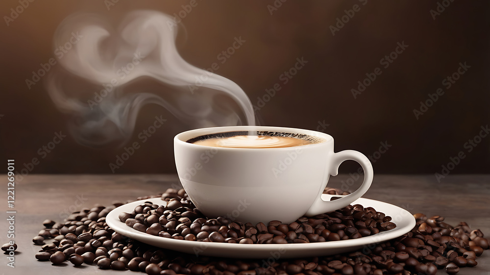 Fototapeta premium Close up of rustic hot coffee with steaming cup and rich brown fresh beans on a table.