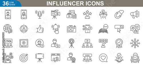 Influencer line icons set. Social media content creation, digital marketing, blogging, vlogging, online branding, and personal branding concepts in flat design style vector illustration.