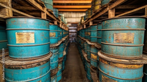 A close-up of blue metal oil barrels neatly stacked in a warehouse, showcasing their robust design and industrial setting, emphasizing storage and oil management in an organized environment photo