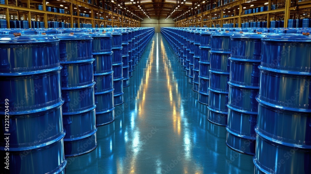 Obraz premium An aerial view of blue metal oil barrels stacked in a warehouse, with clear pathways between rows, symbolizing the efficiency and organization of oil product storage and logistics