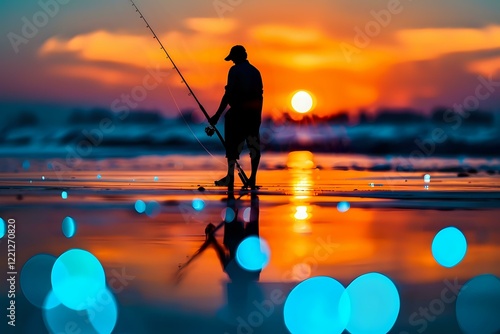 Silhouette of fisherman with fishing rod standing on beach at dramatic orange sunset, with artistic blue bokeh reflections on wet sand creating magical atmosphere. photo