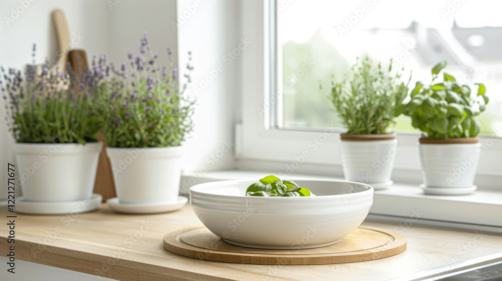 Fresh herbs and greens arranged in a wooden bowl on a kitchen countertop with natural light pouring in from the window Fresh herbs and greens arranged in a wooden bowl on a kitchen countertop with natural light pouring in from the window