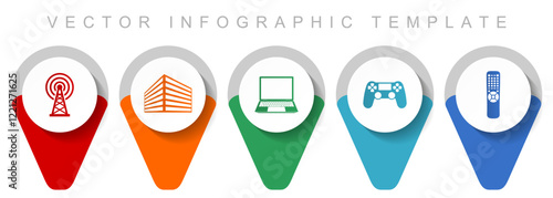 Technology pointer collection, miscellaneous icons such as antenna, office building, laptop, gamepad, tv remote, flat design vector infographic template in eps 10