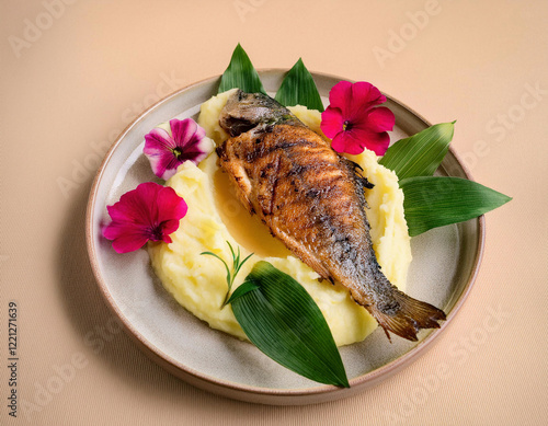 A grilled fish fillet is elegantly plated with mashed potatoes, roasted cherry tomatoes, and garnished with edible flowers and herbs on a rustic ceramic plate. photo