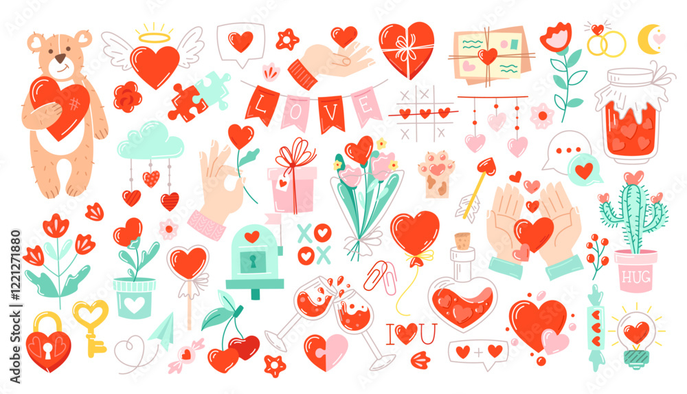 Big set of romantic elements, hearts, symbols of love, gifts, flowers. Cartoon stickers for Valentine's Day. Isolated vector illustrations. Perfect for, banner, card, postcard, cover. Editable stroke. Big set of romantic elements, hearts, symbols of love, gifts, flowers. Cartoon stickers for Valentine's Day. Isolated vector illustrations. Perfect for, banner, card, postcard, cover. Editable stroke.
