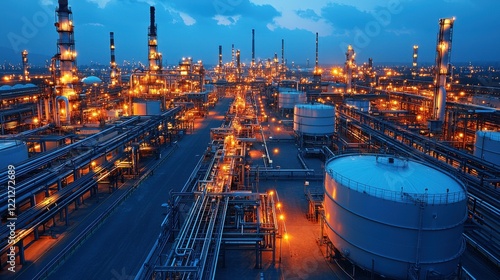 A top-down view of a factoryâ€™s piping network and storage tanks, emphasizing the organized and well-maintained infrastructure necessary for high-efficiency manufacturing processes