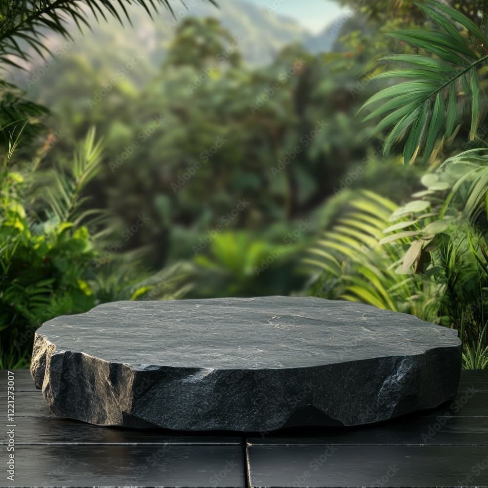 Black stone pedestal on black wooden table in front of nature background Black stone pedestal on black wooden table in front of nature background