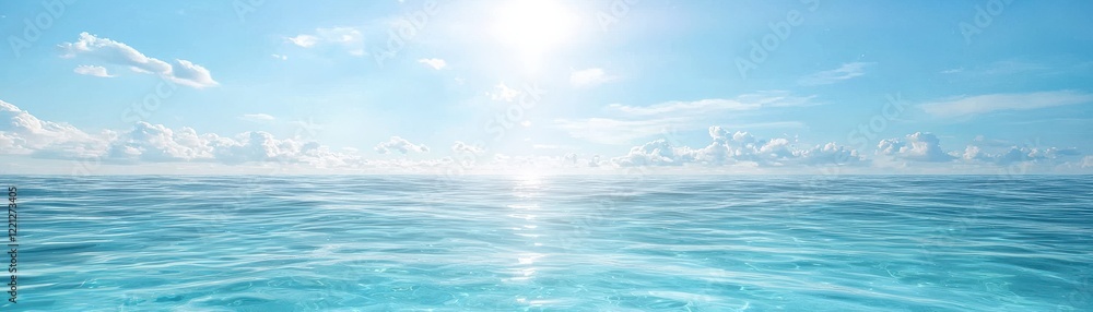 Obraz premium A serene seascape featuring clear turquoise waters under a bright sky, with soft clouds and sunlight reflecting on the water's surface.