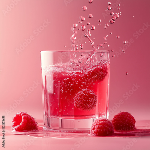 Refreshing raspberry drink splashing in a glass with raspberries on a pink background