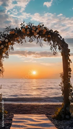 A beautiful floral arch frames a stunning sunset over a tranquil sea, creating a romantic atmosphere perfect for a beach wedding or celebration