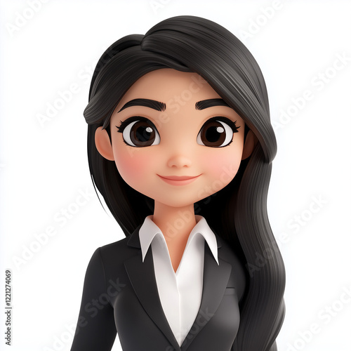 A professional 3D cartoon avatar of a young Indian female customer service representative. She has traditional Indian features, including dark eyes and long black hair, and is dressed 