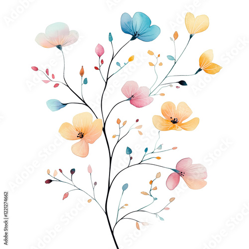 Wallpaper Mural A delicate watercolor illustration of a flowering branch with soft pink, peach, and yellow blossoms. Featuring green leaves and transparent background, ideal for elegant spring designs and projects. Torontodigital.ca