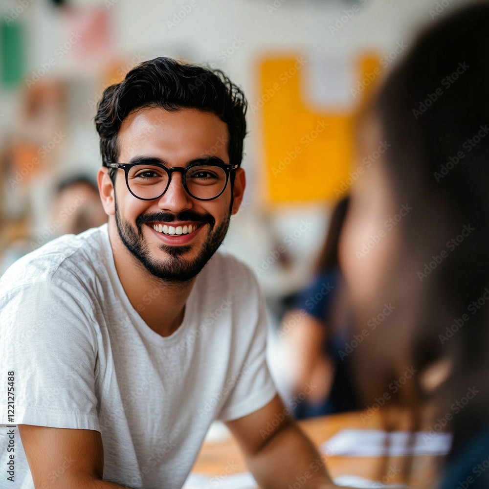 Obraz premium Smiling man in casual white t-shirt engages in conversation at a lively gathering in a bright room