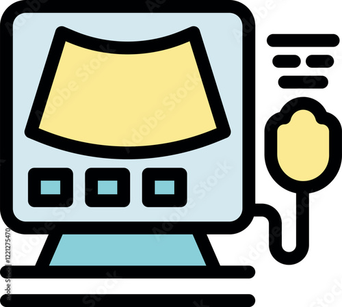 Ultrasound machine displaying fetus image and connected transducer emitting sound waves for prenatal diagnosis