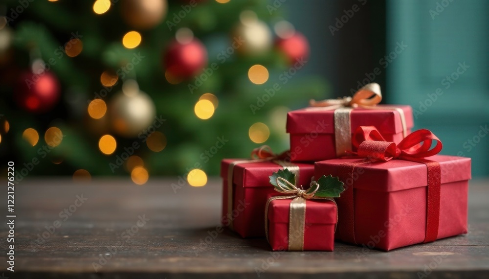 Gift boxes on a wooden table with fairy lights, gift wrapping, present boxes, Gift boxes on a wooden table with fairy lights, gift wrapping, present boxes,