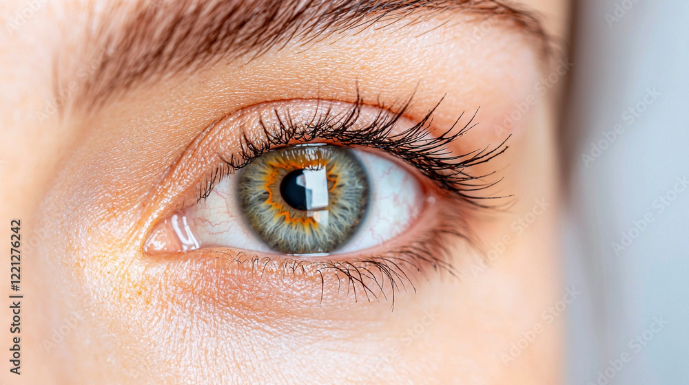 Obraz premium Close Up Of Woman's Green And Gold Eye With Shimmery Peach Eyeshadow And Detailed Lashes