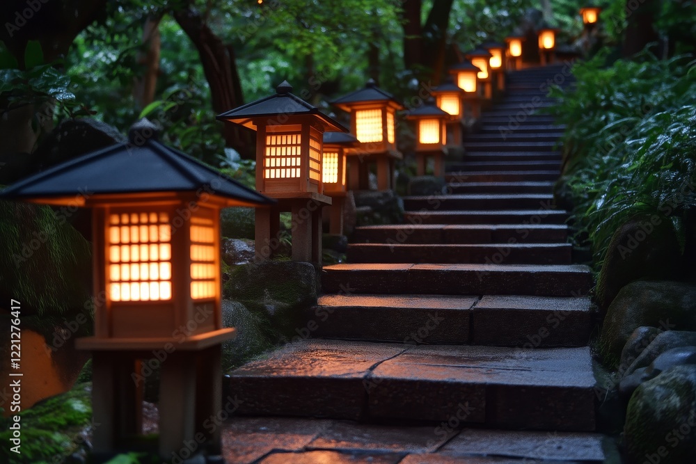 Illuminated steps lined with lanterns in a tranquil garden at dusk Illuminated steps lined with lanterns in a tranquil garden at dusk