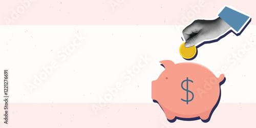 Hand puts a coin in a piggy bank, place for text. Modern photo collage style. Vector illustration