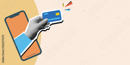 Hand taking out a  plastic credit card from the phone, place for text. Modern photo collage style. Vector illustration