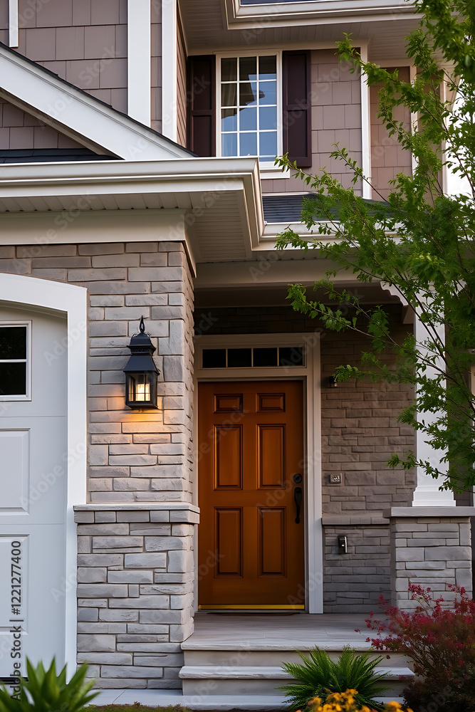 Fototapeta premium Elegant Brick House Exterior at Dusk: Modern Home Design, Real Estate Photography