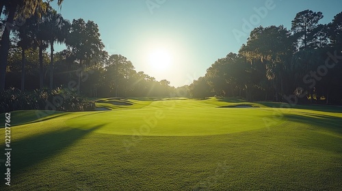 A panoramic view of a sunny golf course, featuring vibrant green grass and neatly manicured fairways.