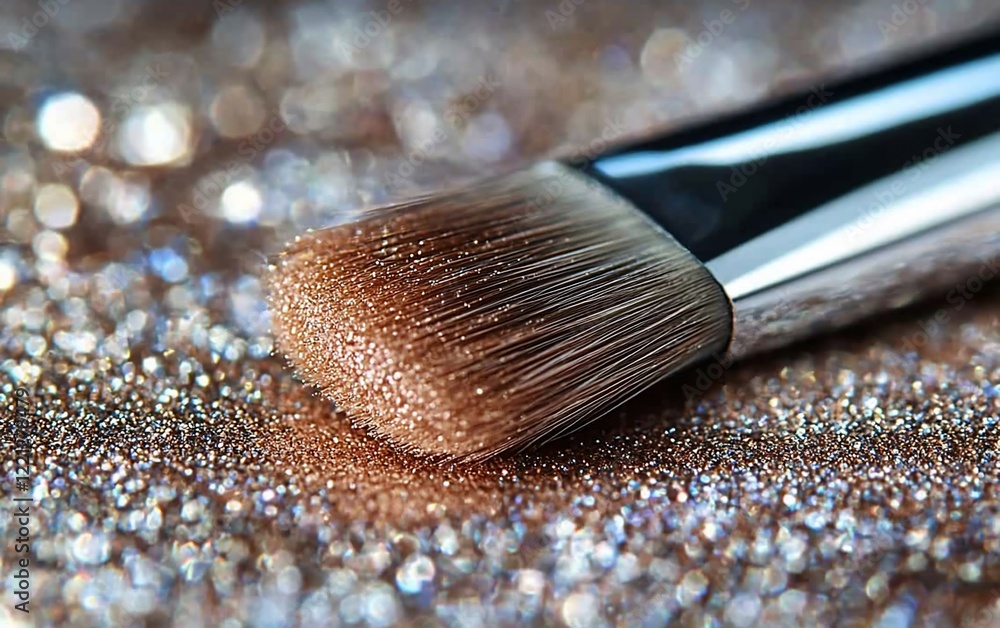 Close-up of makeup brush on shimmery surface. Close-up of makeup brush on shimmery surface.