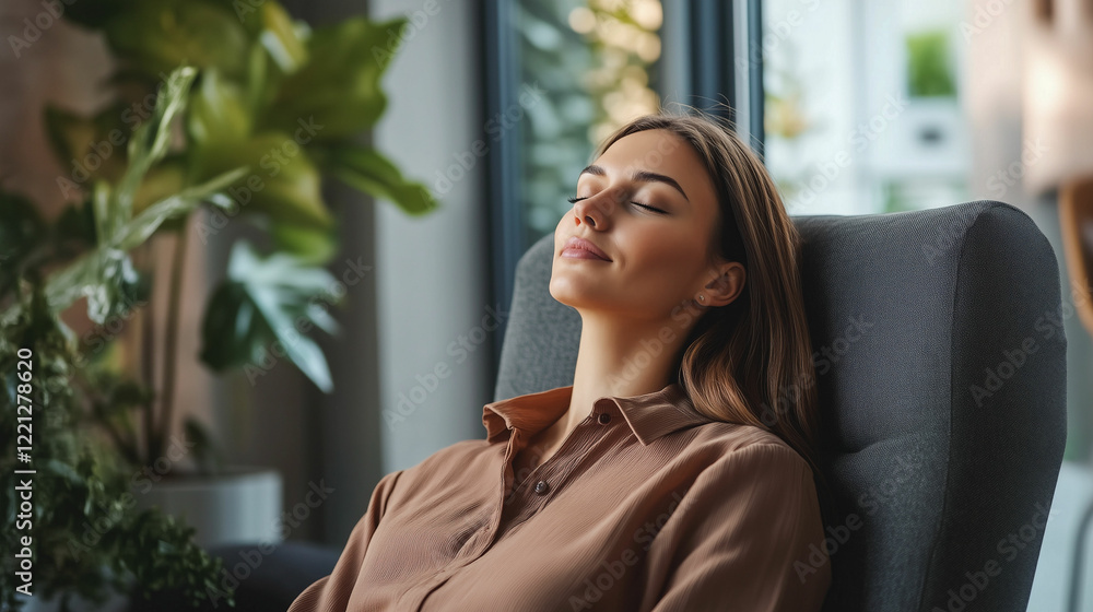 Relaxation moment indoors with a woman enjoying peace and calm in a cozy space filled with plants Relaxation moment indoors with a woman enjoying peace and calm in a cozy space filled with plants