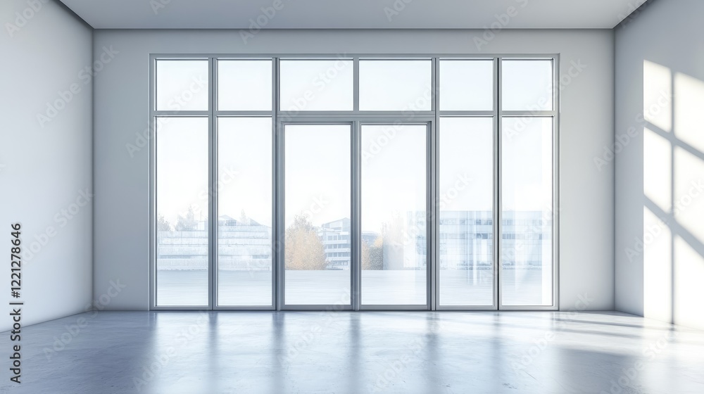 Fototapeta premium Glass window frame house interior on white wall