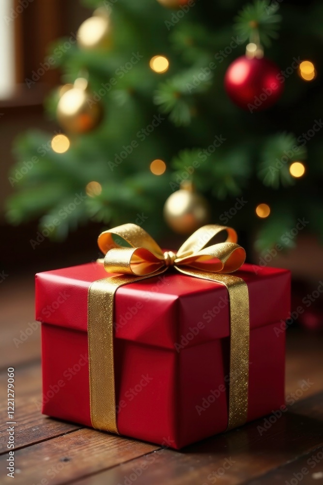 Gift wrapped in luxurious paper and tied with a golden ribbon on the floor of the Christmas tree area, tree, bow, Christmas Gift wrapped in luxurious paper and tied with a golden ribbon on the floor of the Christmas tree area, tree, bow, Christmas