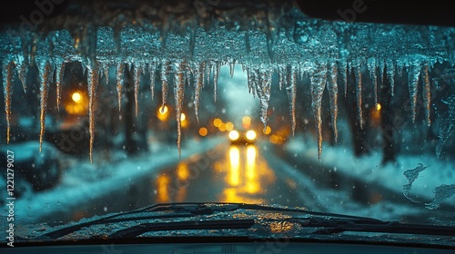 Interior of a car completely frozen over with ice, photo