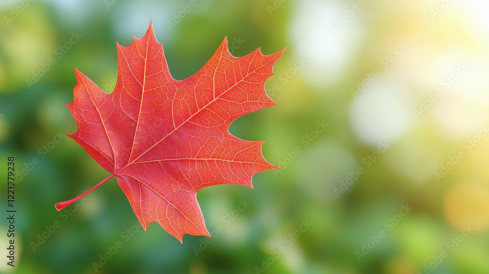 A macro shot of a vibrant red autumn leaf, with its intricate texture of veins and crisp edges, showcasing the deep colors of fall set against a blurred background of green foliage A macro shot of a vibrant red autumn leaf, with its intricate texture of veins and crisp edges, showcasing the deep colors of fall set against a blurred background of green foliage
