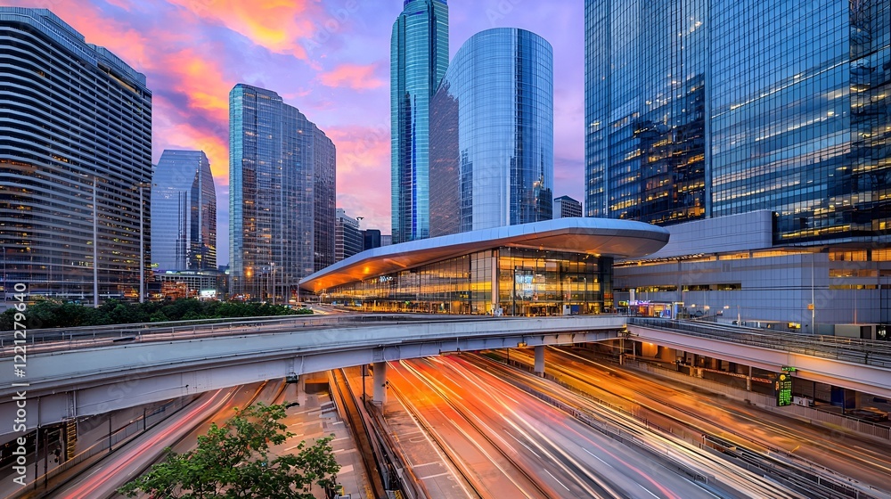 Cityscape sunset highway traffic modern buildings Cityscape sunset highway traffic modern buildings