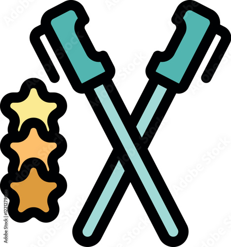 Crossed nordic walking poles with three stars symbolizing excellent performance and achievement in outdoor fitness activities
