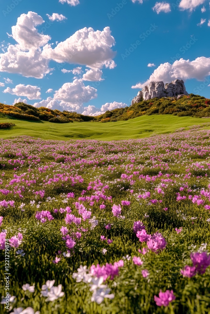 Fototapeta premium Blooming flowers covering a field in spring near Demerdzhi mountain
