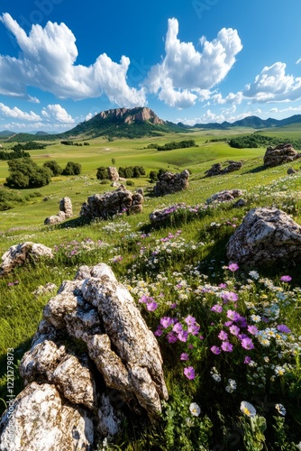 Big Bogdo mountain overlooking spring blooming steppe in Astrakhan Nature Reserve photo