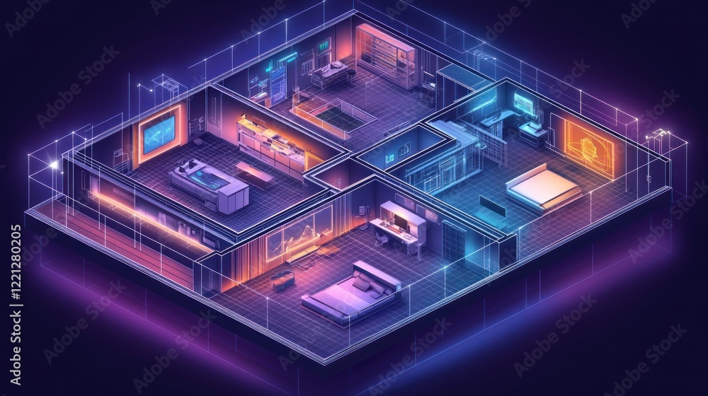 Smart home isometric illustration showing interconnected rooms with technology. Smart home isometric illustration showing interconnected rooms with technology.