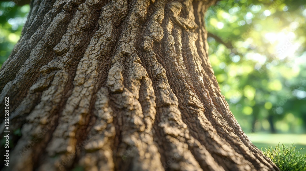 Obraz premium A detailed macro shot of a rough tree bark, showcasing the textured pattern of cracks and ridges, with natural light accentuating the intricate lines and patterns of the bark