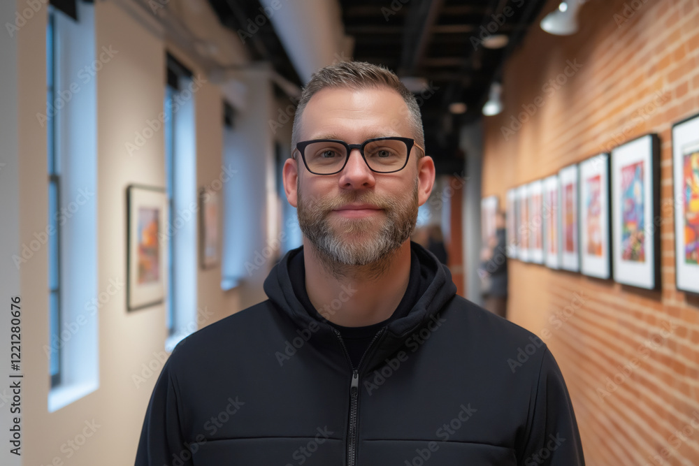 Obraz premium Man with glasses stands in an art gallery with colorful artwork on display