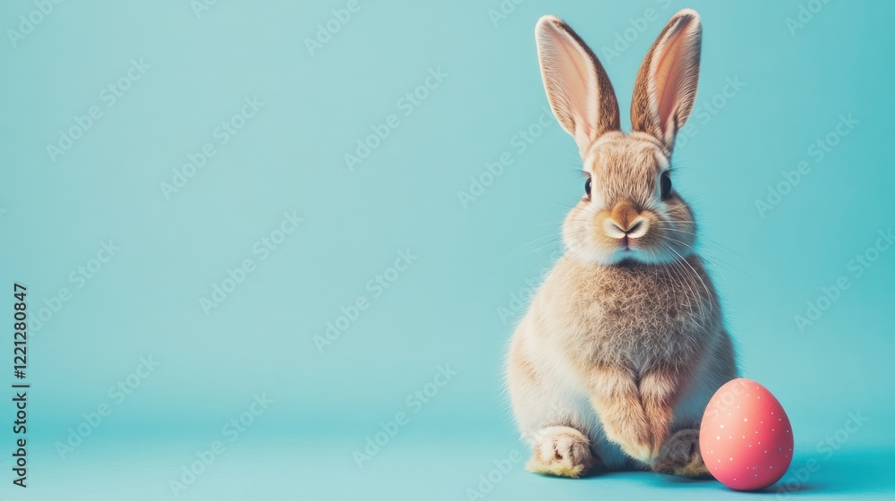 Fototapeta premium Adorable Easter Bunny with Pink Egg on Light Blue Background