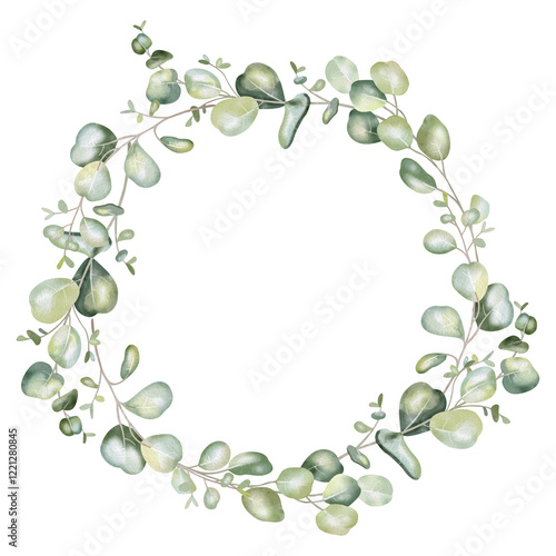 Watercolor illustration of eucalyptus wreath with lush leafs. Ideal for romantic greeting cards, invitations to weddings or birthdays. Cosmetics, perfumes and home decor. Frame for websites or apps. 